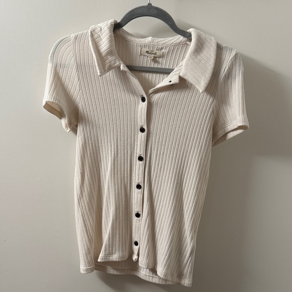 Madewell Ribbed Collared Button-Front Top - Cream - Picture 1 of 4
